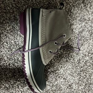 Eddie Bauer purple and grey duck boots.